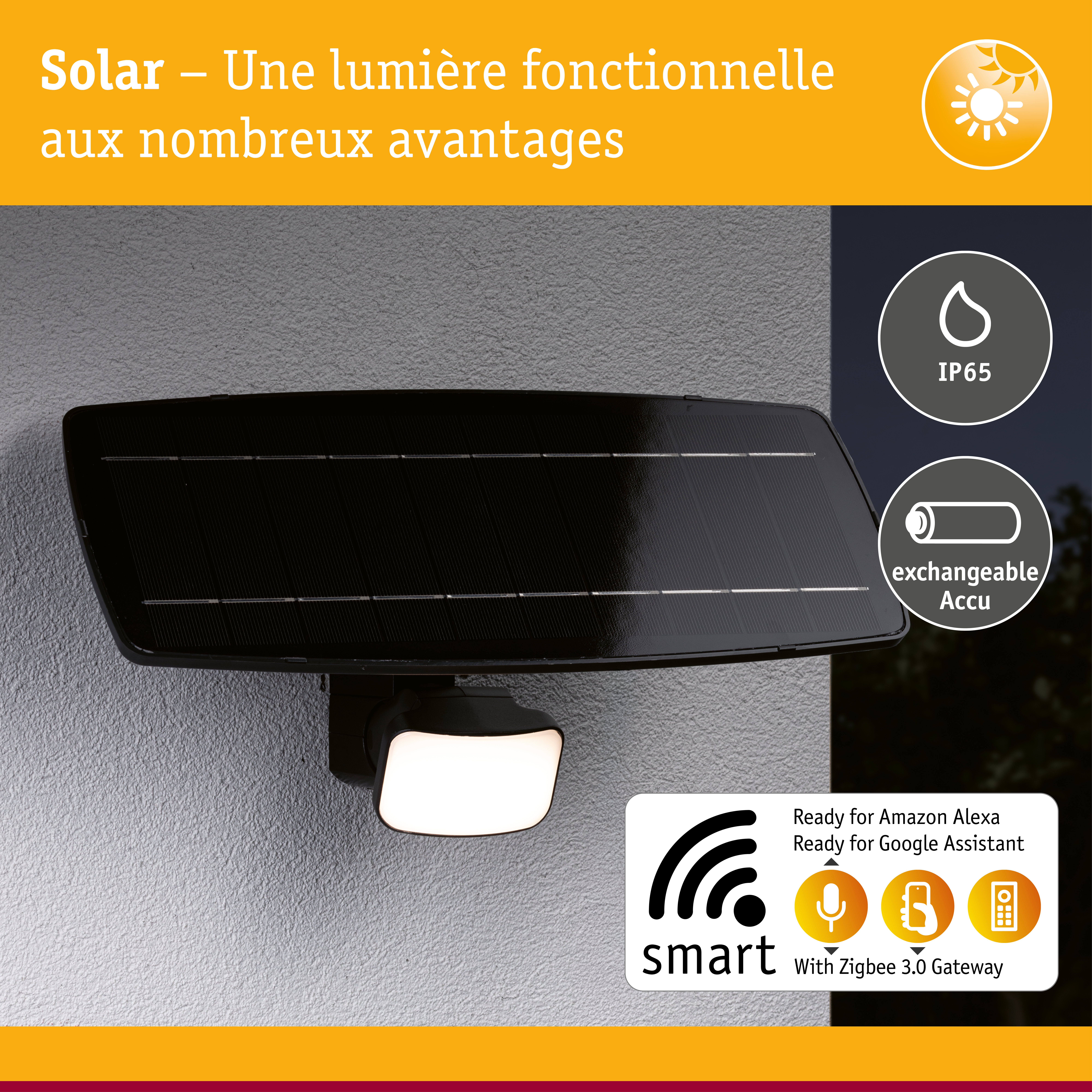 Lumière solaire noire avec protection IP65 et batterie échangeable, contrôle intelligent Zigbee 3.0