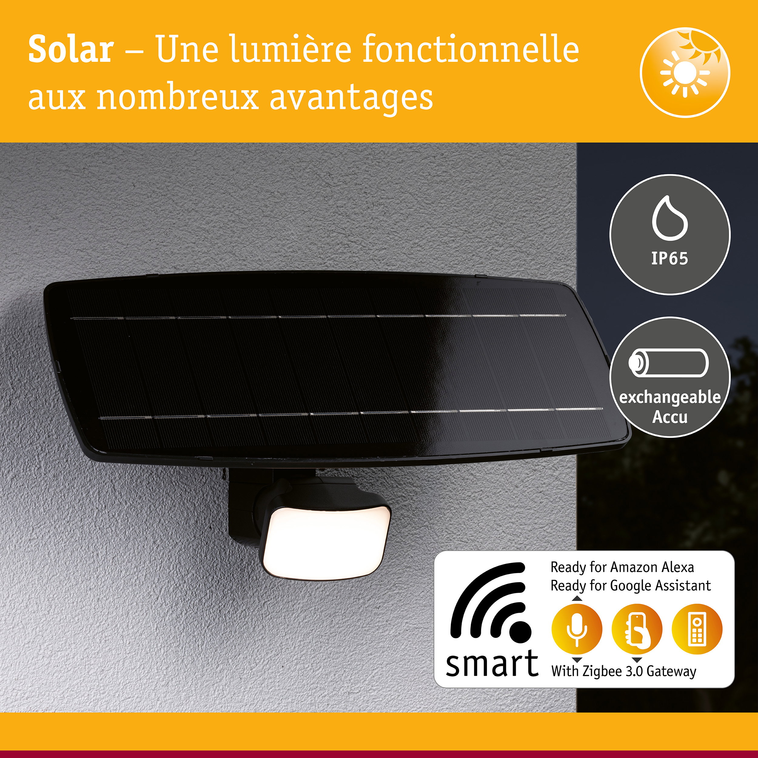 Lumière solaire noire avec protection IP65 et batterie échangeable, contrôle intelligent Zigbee 3.0