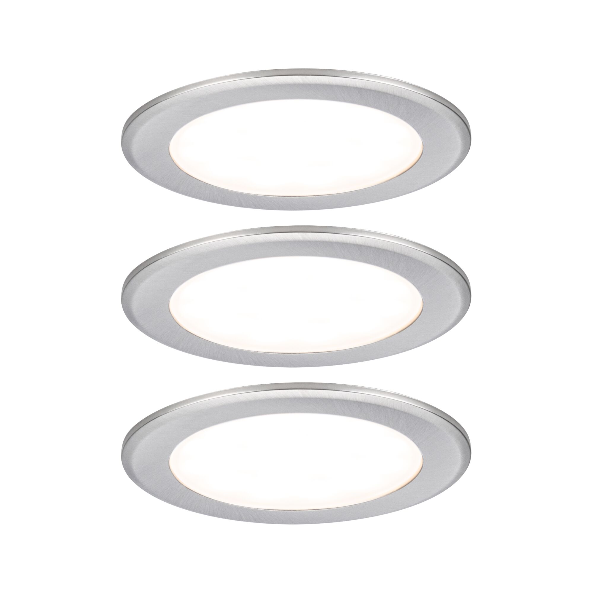 Drei runde LED-Einbauleuchten aus gebürstetem Aluminium mit weißem Licht für moderne Raumbeleuchtung