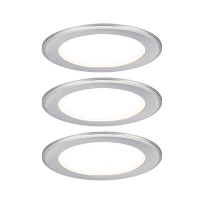 Tre runde LED-indbygningslamper i børstet aluminium med hvidt lys til moderne rumbelysning