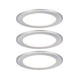 Three round LED recessed lights in brushed aluminum with white light for modern room lighting