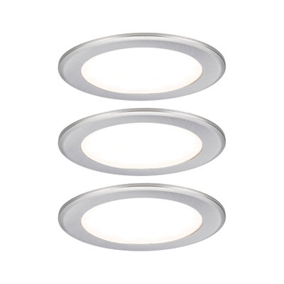 Three round LED recessed lights in brushed aluminum with white light for modern room lighting