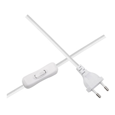 White textile-covered power cable with switch and Euro plug for lighting and lamps