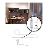 Bande LED blanche dimmable avec adaptateur secteur et télécommande pour éclairage flexible de bureau.