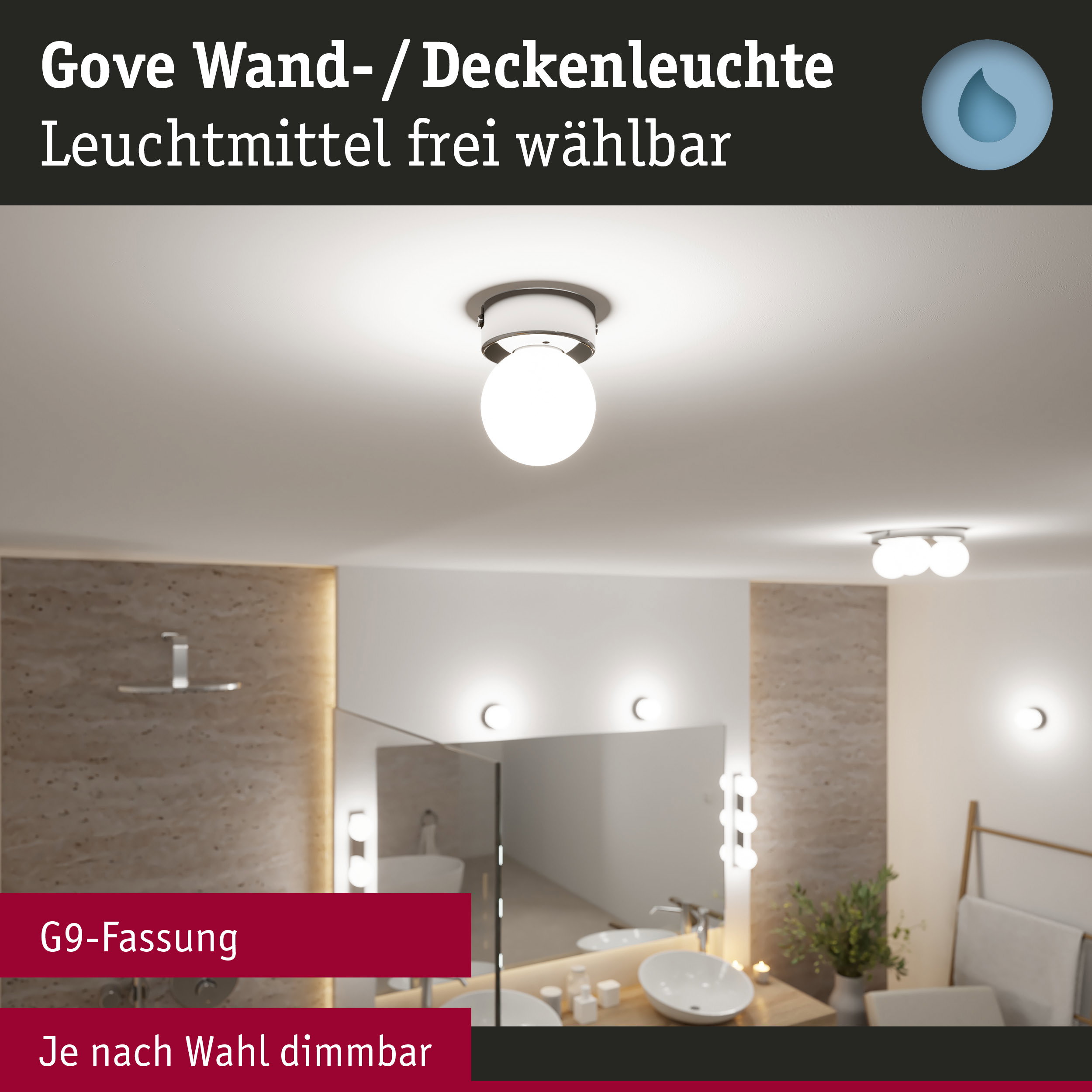 Gove Wand- und Deckenleuchte mit weißem Glas und G9-Fassung, dimmbar für Badezimmerbeleuchtung