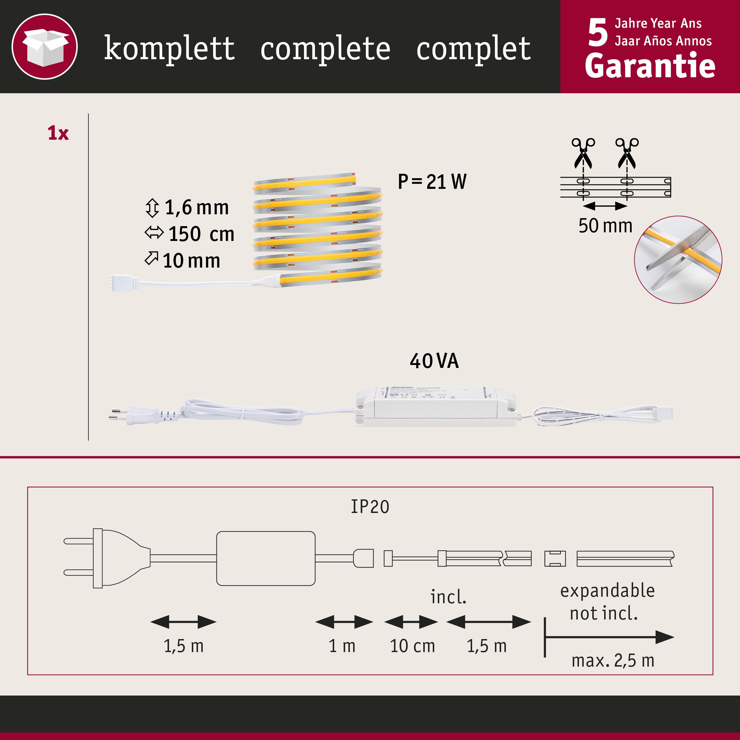 LED-Lichtband 150 cm lang, 21 W Leistung, 1,6 mm breit, mit 40 VA Netzteil, IP20 Schutzklasse