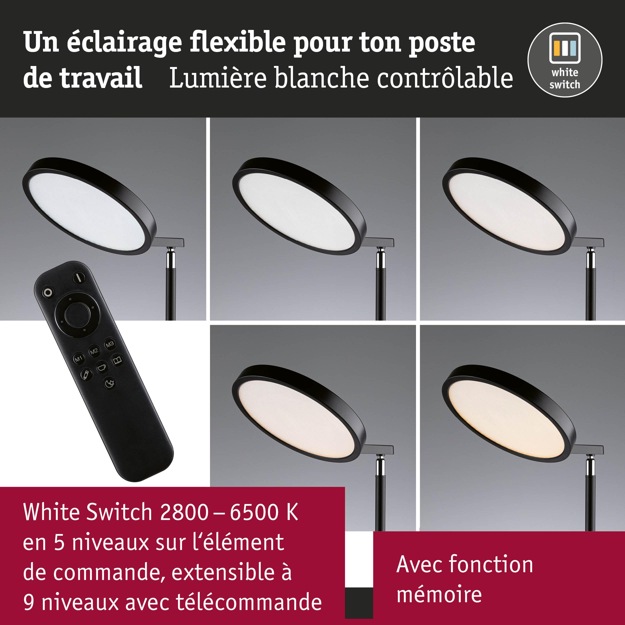 Lampe de bureau LED noire avec éclairage blanc réglable 2800-6500 K et télécommande pour poste de travail flexible