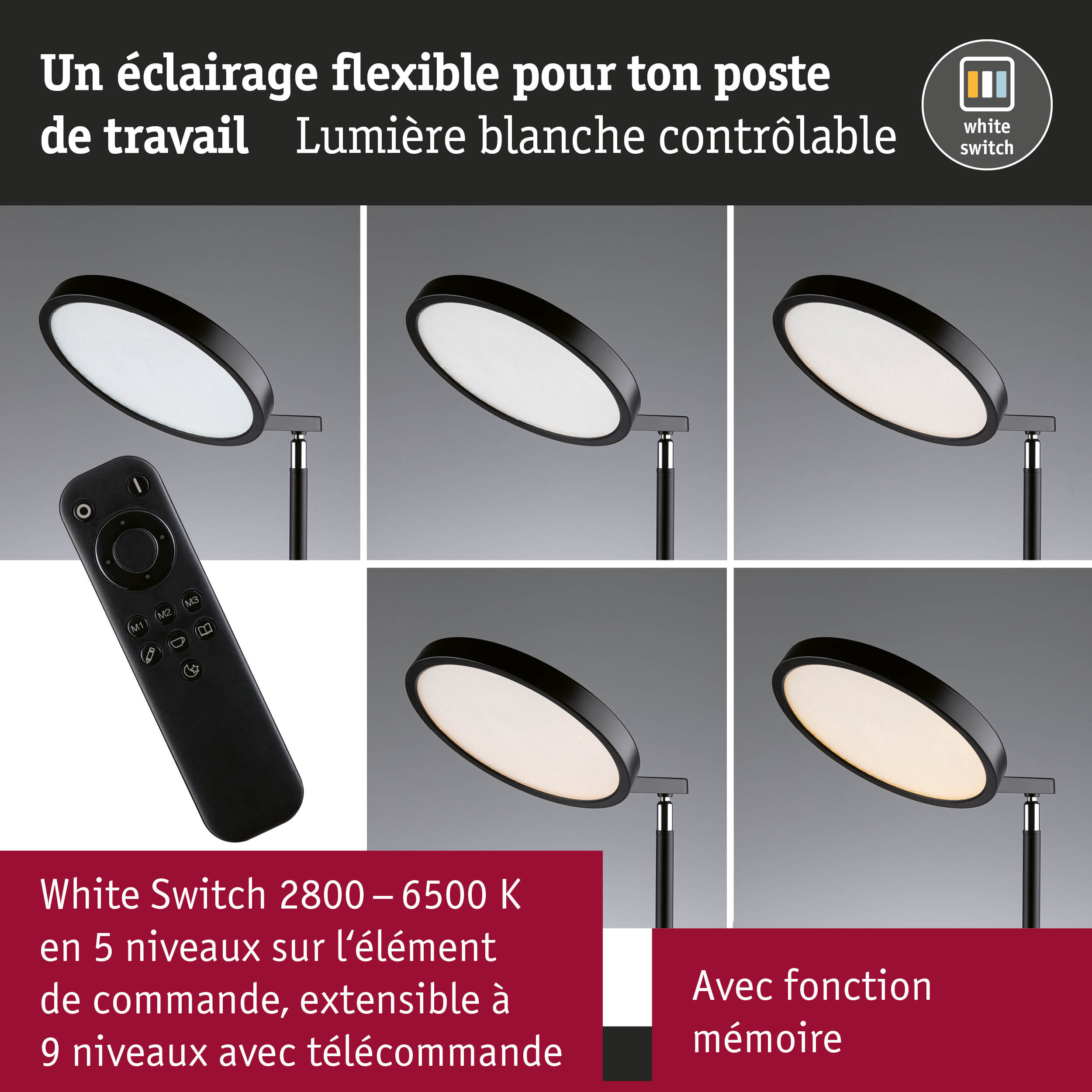 Lampe de bureau LED noire flexible avec lumière blanche réglable et télécommande pour éclairage de travail
