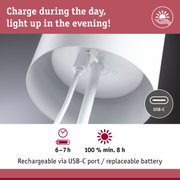 White lamp with USB-C charging port and replaceable battery providing 6-7 hours of light
