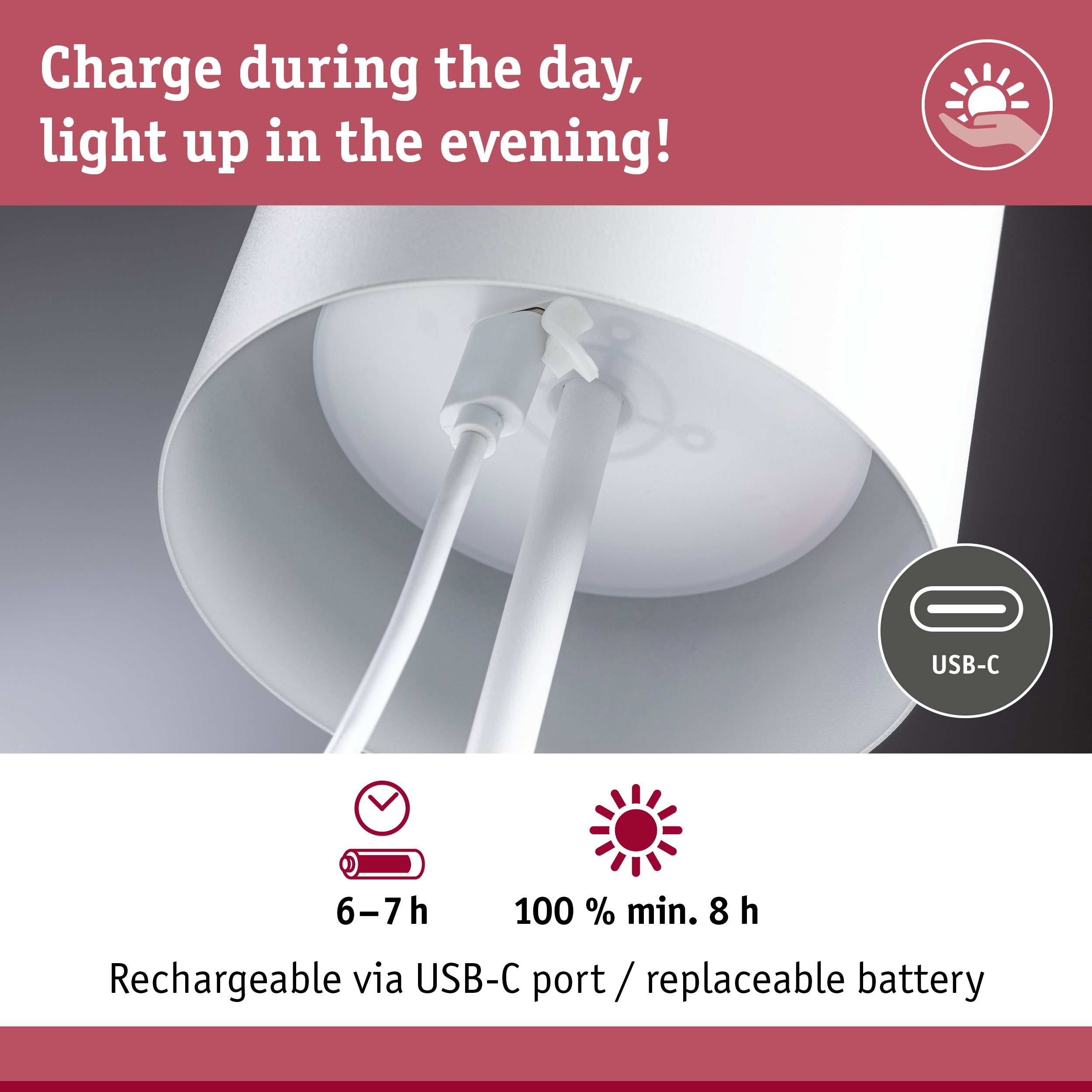 White lamp with USB-C charging port and replaceable battery providing 6-7 hours of light