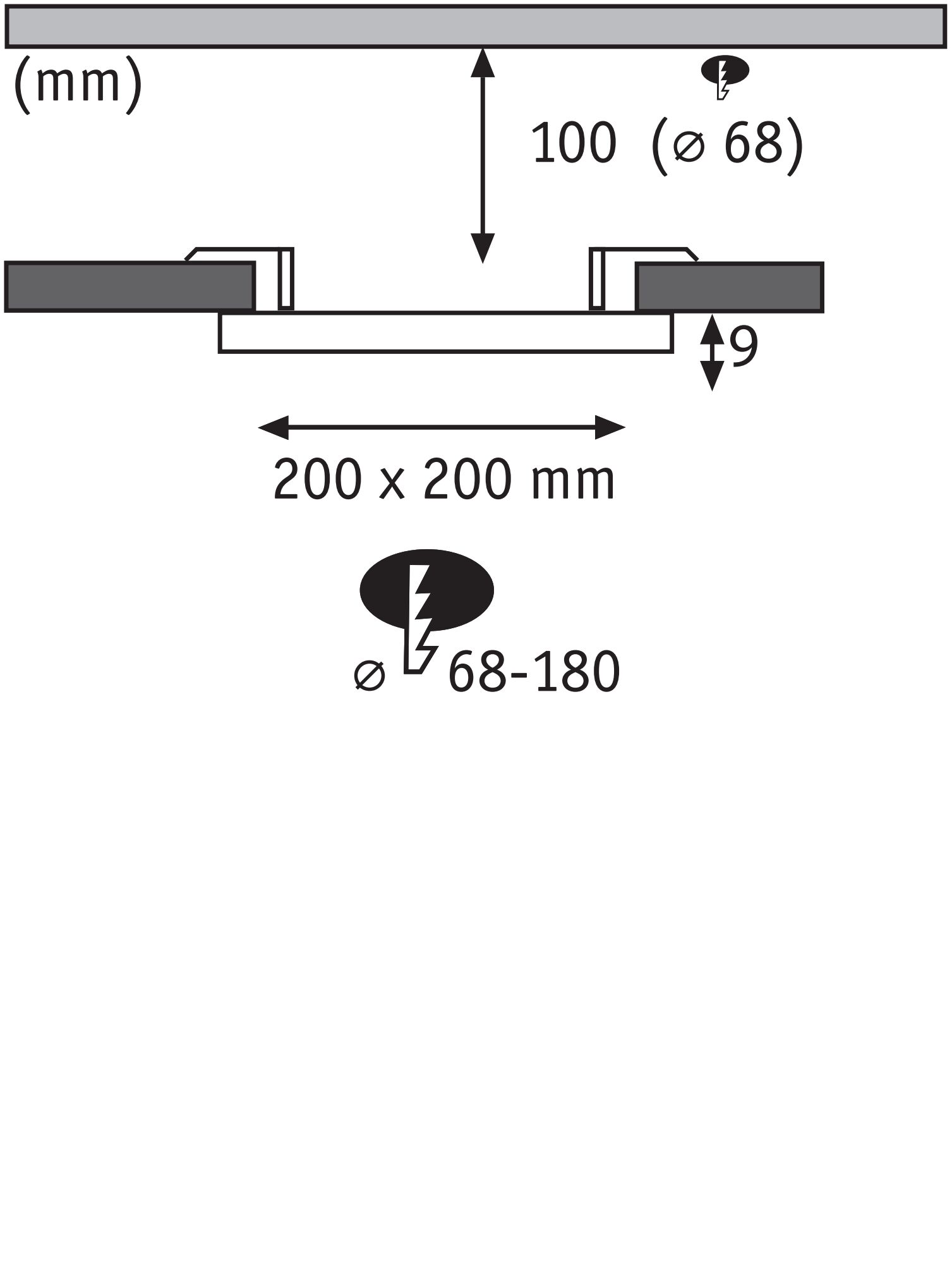 Technische tekening met afmetingen 200x200 mm, inbouwdiepte 9 mm, diameter 68 mm voor LED inbouwspot