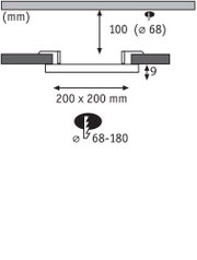 Technische tekening met afmetingen 200x200 mm, inbouwdiepte 9 mm, diameter 68 mm voor LED inbouwspot