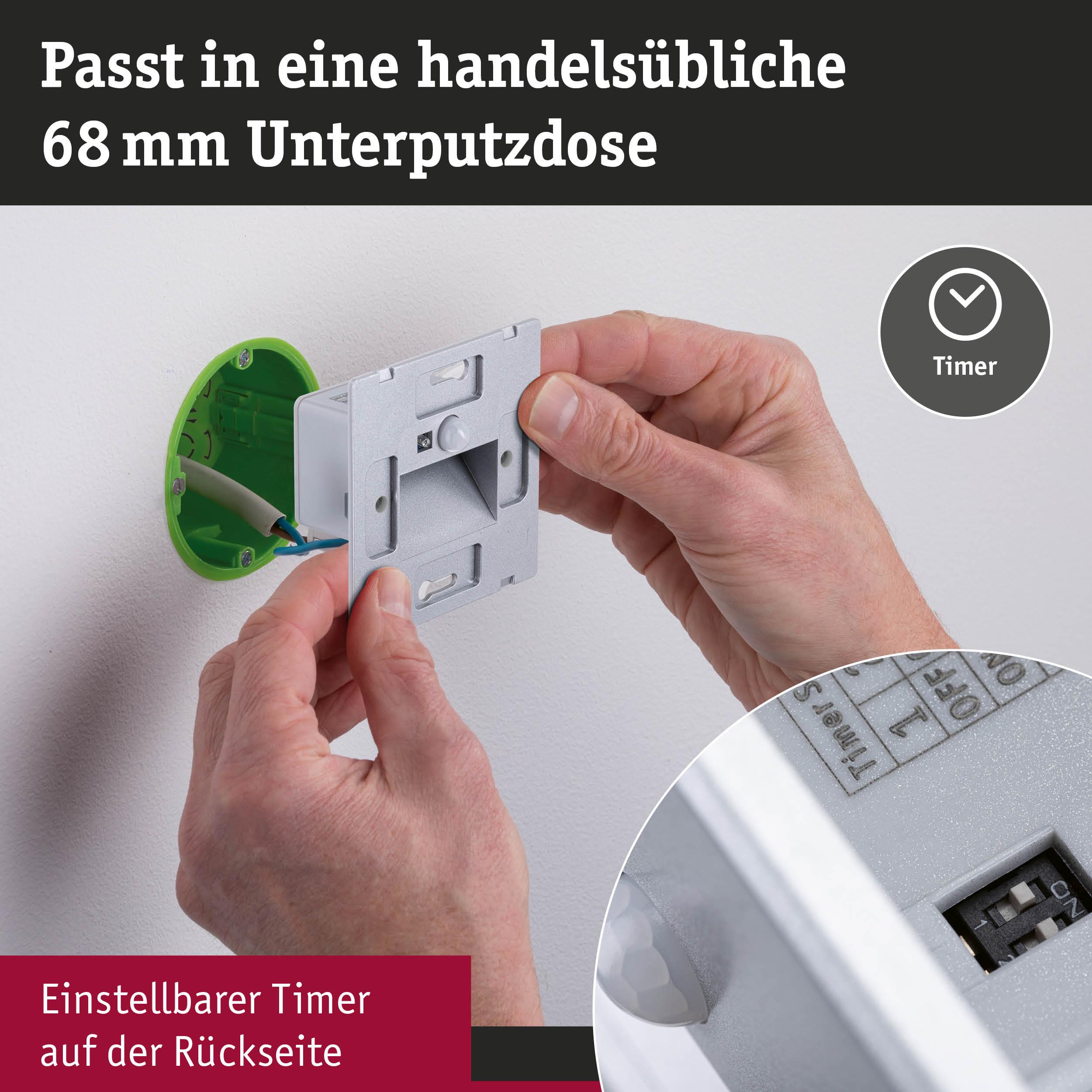 Montage eines grauen Wandbewegungsmelders mit einstellbarem Timer für 68 mm Unterputzdose