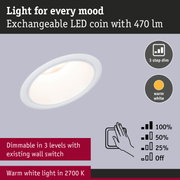 White LED recessed spotlight with exchangeable LED coin, 470 lumens, dimmable in 3 levels