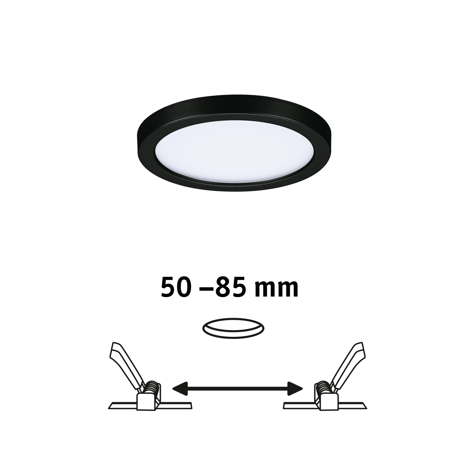 Schwarze LED-Einbauleuchte mit weißem Diffusor und Federklammern für 50-85 mm Einbaumaße