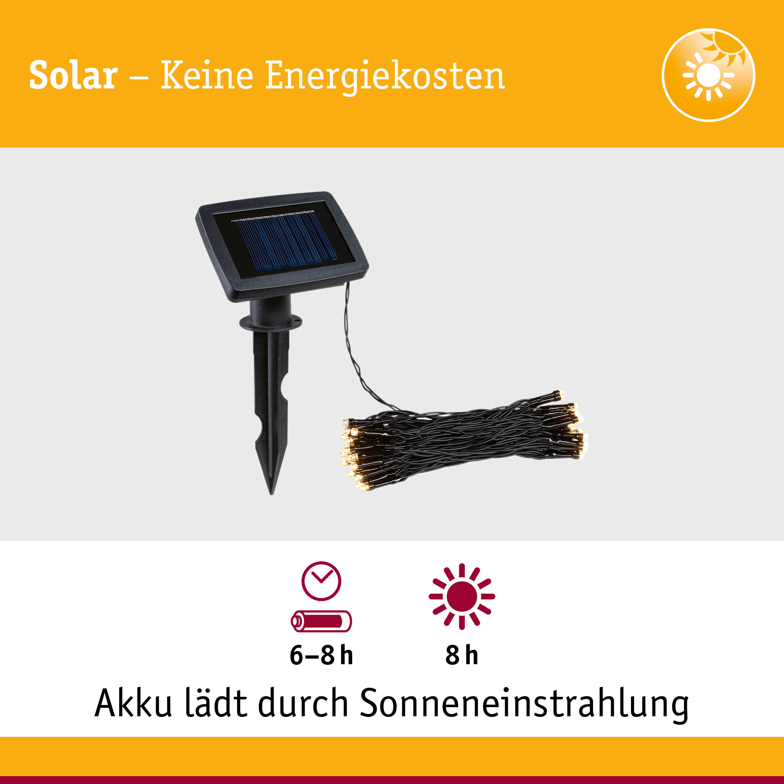 Schwarzes Solarpanel mit LED-Lichterkette und Erdspieß für energiesparende Außenbeleuchtung