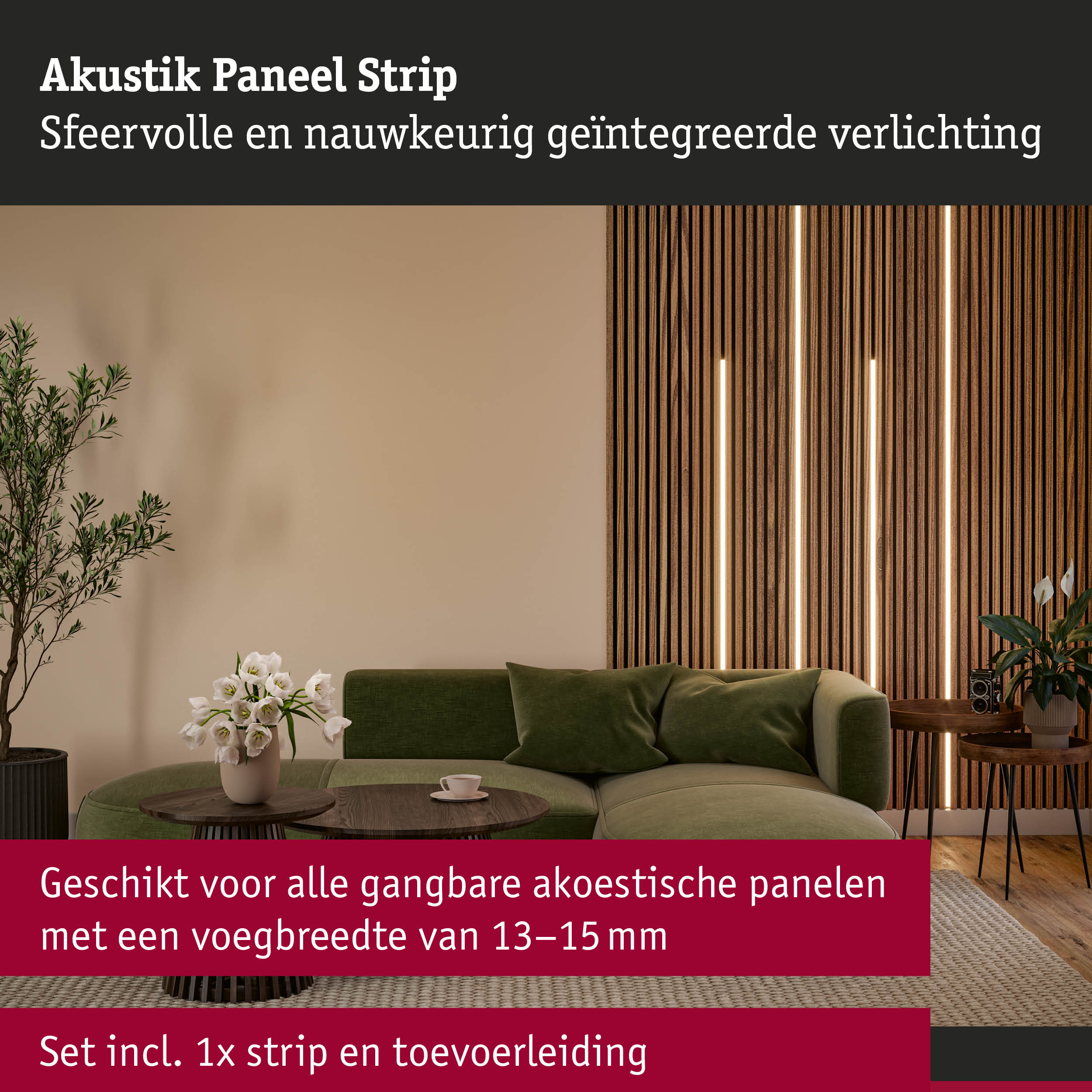 Houten akoestische paneelstrip met geïntegreerde verlichting in moderne woonkamer met groene bank