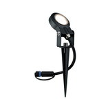 Black LED garden spotlight with ground spike and cable connector for outdoor lighting and pathways.
