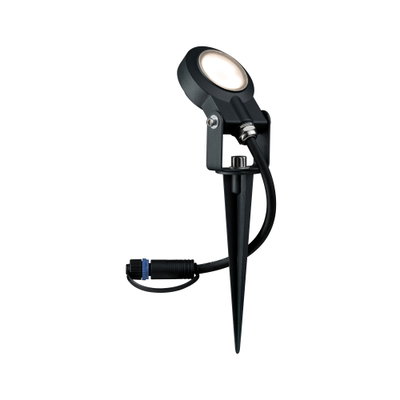 Schwarze LED-Gartenleuchte mit Erdspieß und Kabelanschluss für Außenbeleuchtung und Gartenwege.