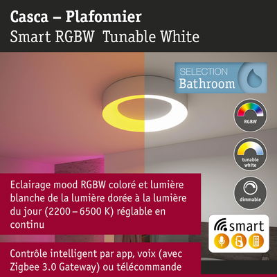 Plafonnier Casca blanc intelligent RGBW avec lumière blanche réglable et dimmable pour salle de bain