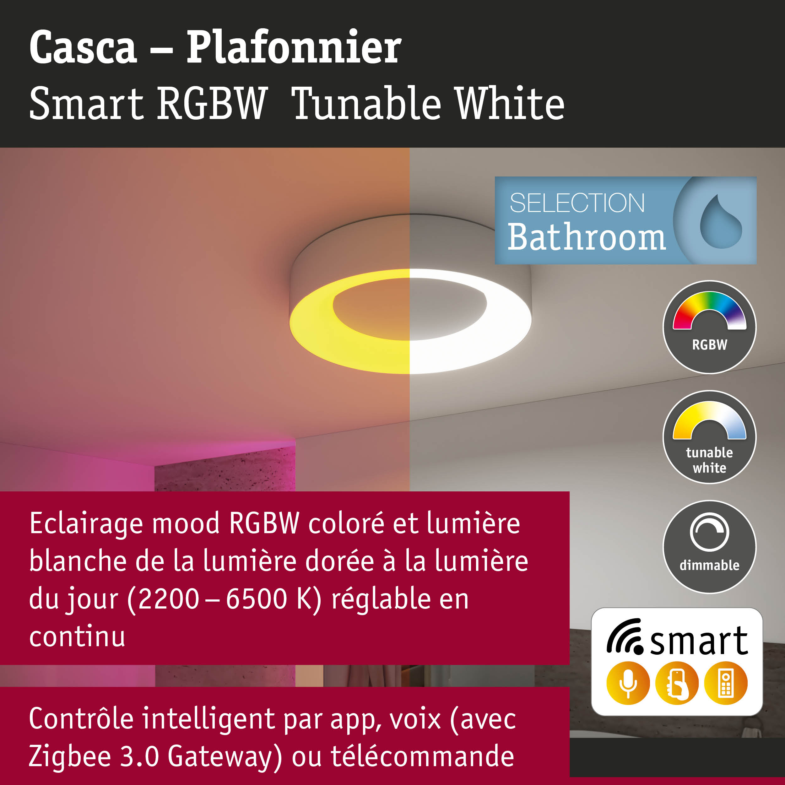 Plafonnier Casca blanc avec éclairage intelligent RGBW et blanc réglable pour salle de bain