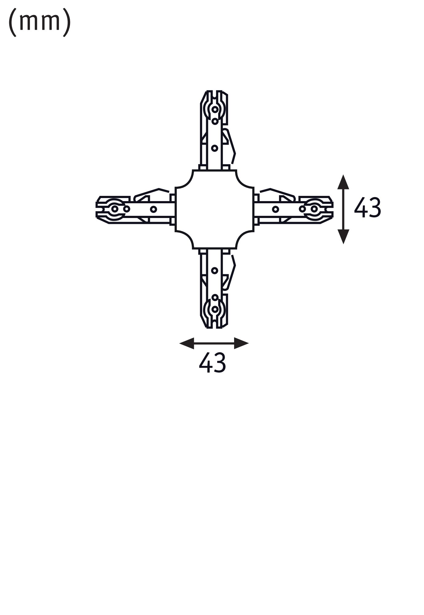 Teknisk tegning af firkantet connector med 43 mm sider til LED-skinnebelysning.
