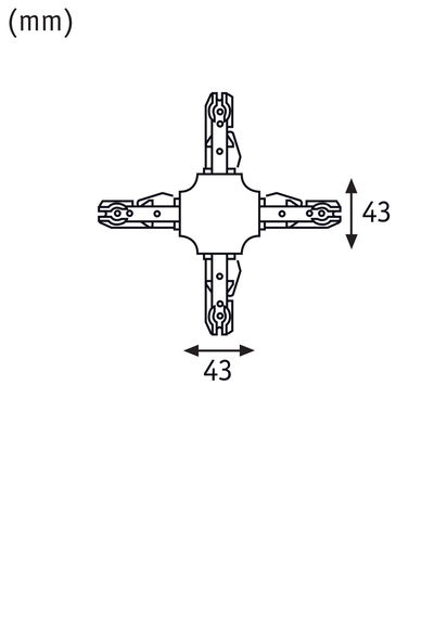 Technical drawing of a square connector with 43 mm sides for LED track lighting systems.
