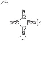 Technical drawing of a cross connector with 43 mm width and height in black and white