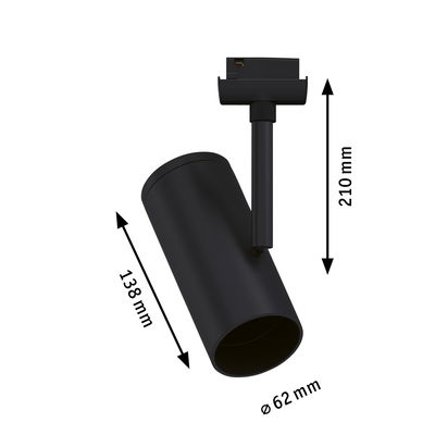 Spot LED noir en métal de 138 mm de long et 62 mm de diamètre, luminaire moderne pour rails d’éclairage