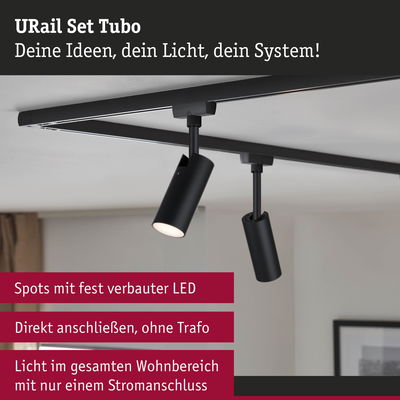 Schwarzes URail Set Tubo LED-Schienensystem mit zwei verstellbaren Spots an weißer Decke