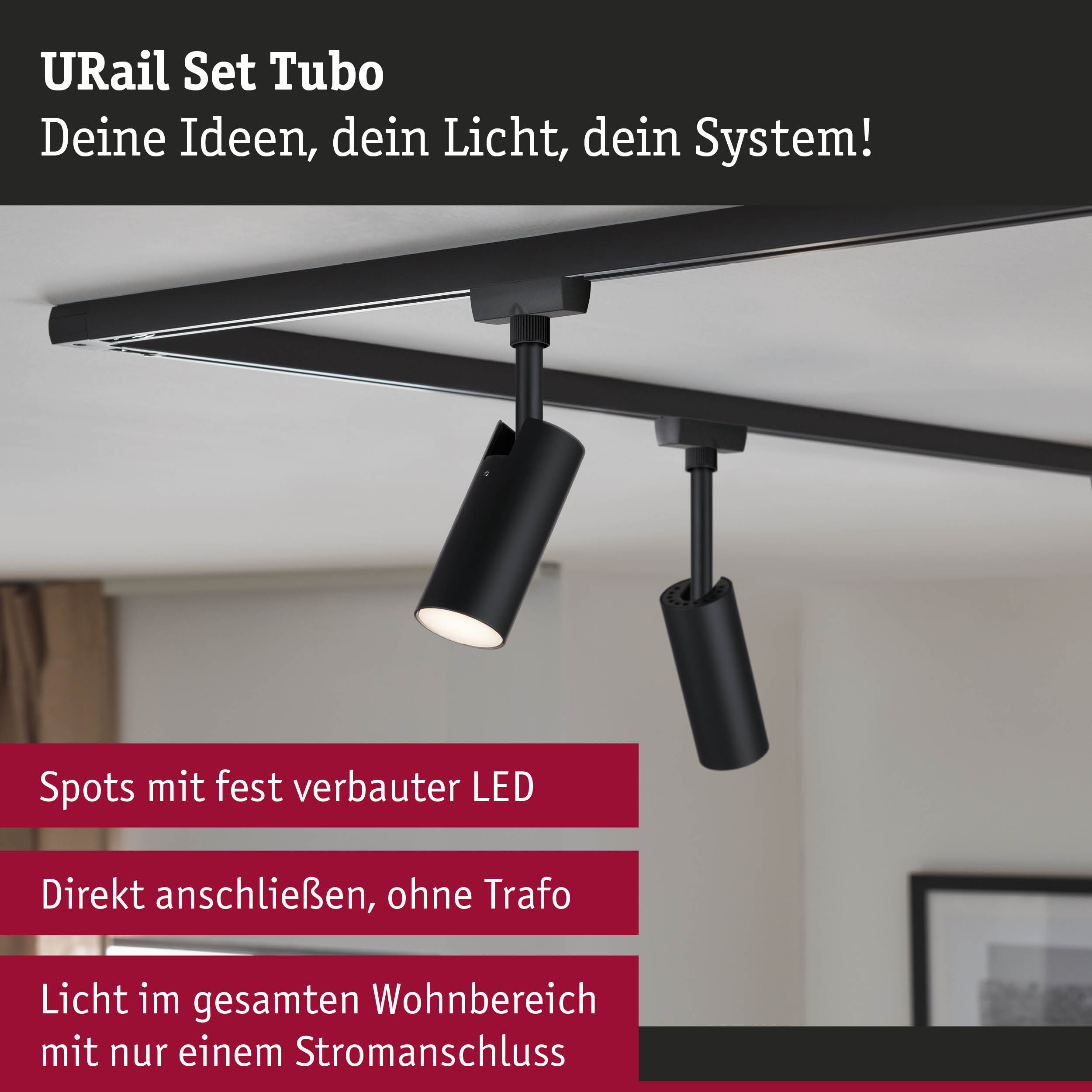 Schwarzes URail Set Tubo LED-Schienensystem mit verstellbaren Spots für Wohnraumbeleuchtung