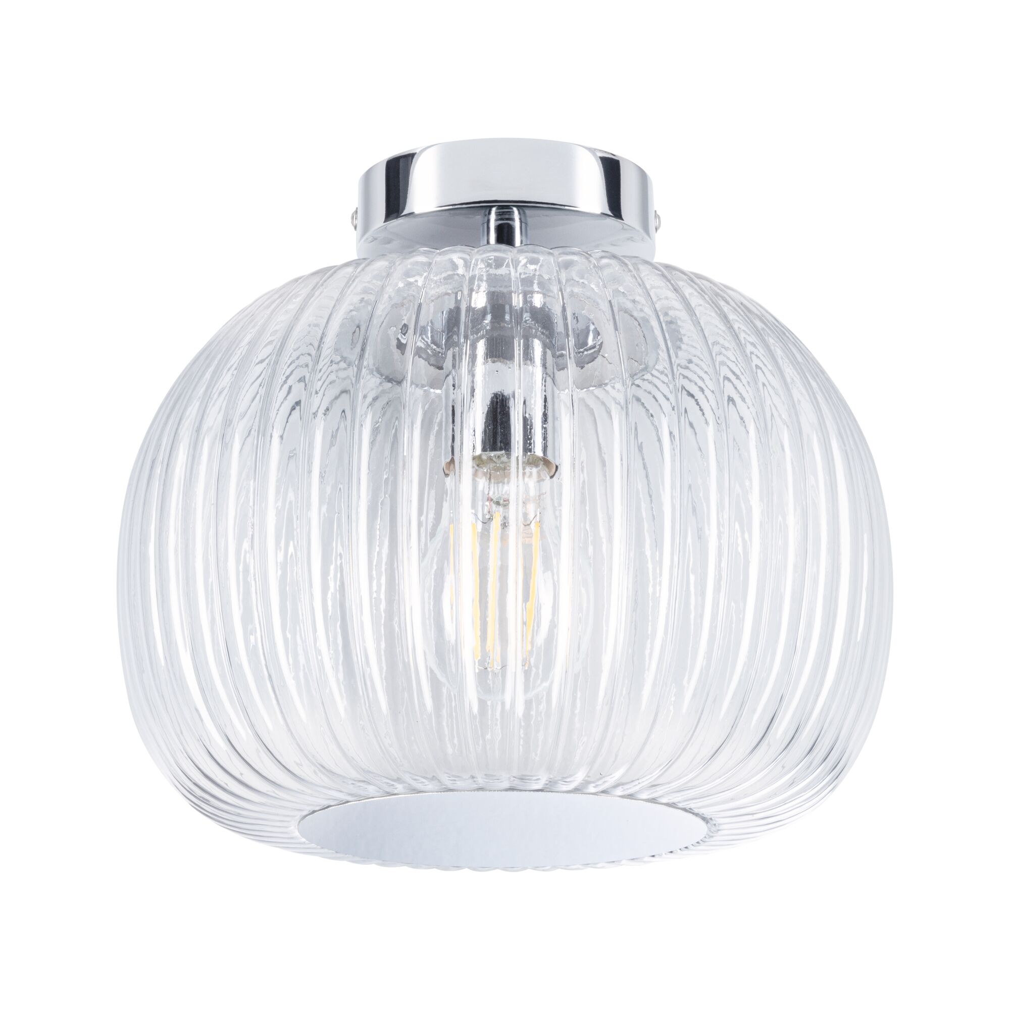 Ceiling light with ribbed clear glass and chrome metal for modern home lighting design