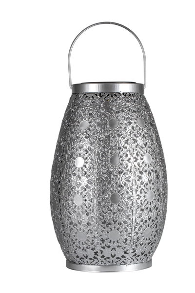 Lanterne en métal argenté avec motif fin et poignée pour éclairage d'ambiance intérieur et extérieur