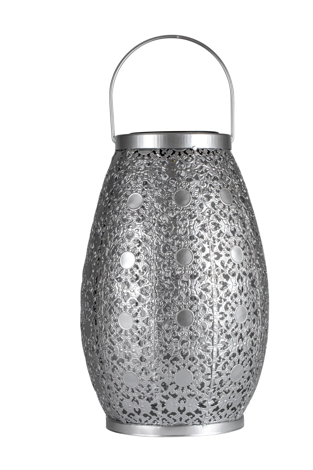 Zilveren metalen lantaarn met fijn patroon en handvat, geschikt voor sfeerverlichting en decoratie