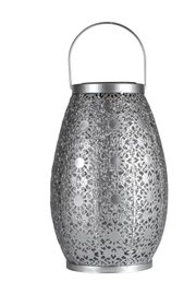 Silver metal lantern with intricate pattern and handle, perfect for decorative lighting and ambiance