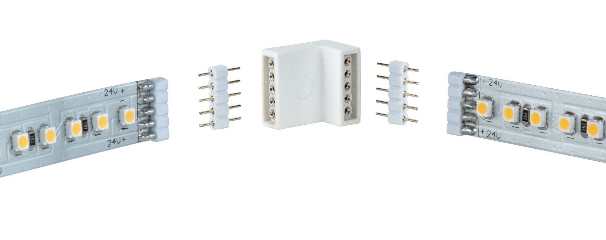 White plastic corner connector for 24V LED strips with metal pins for easy connection