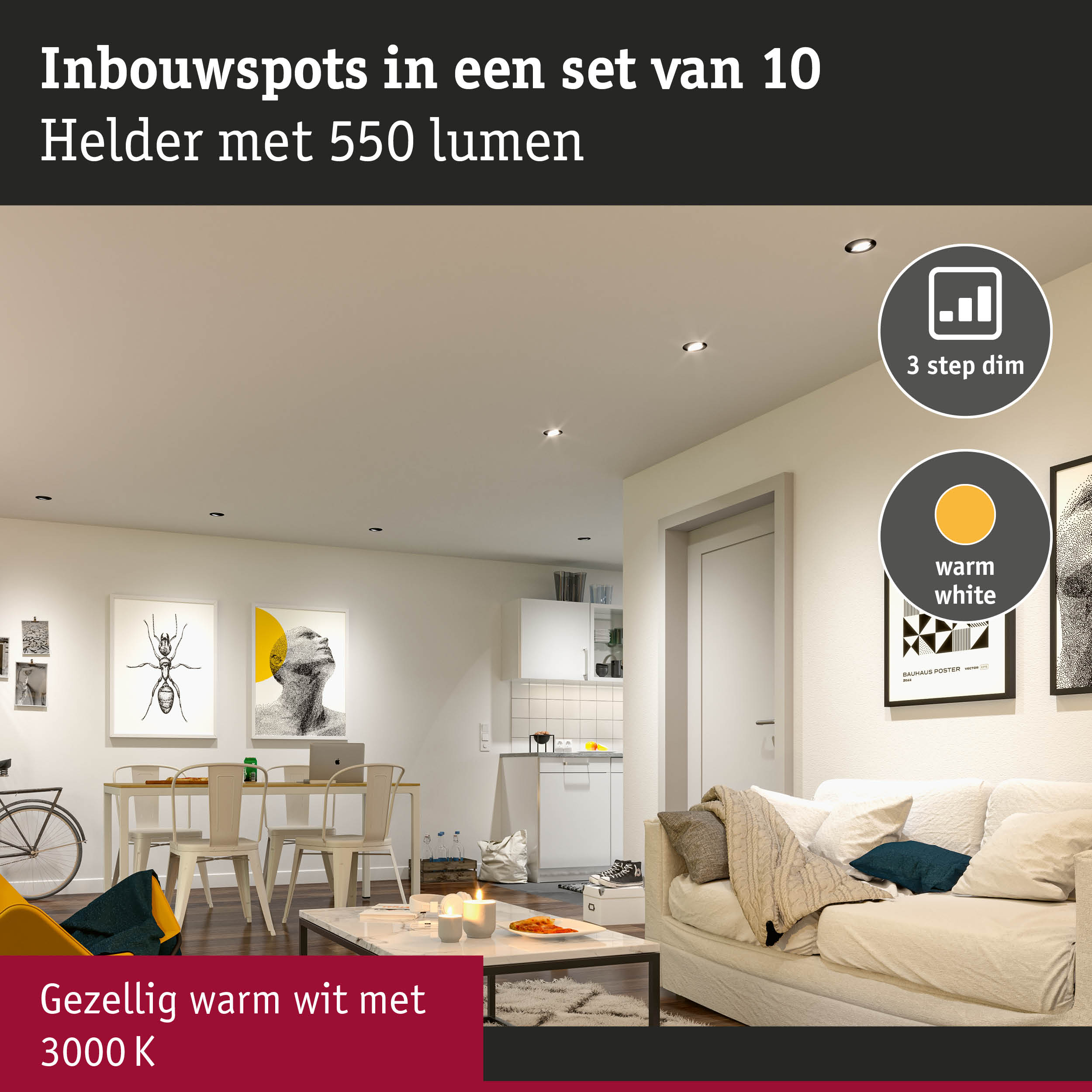 Set van 10 inbouwspots met 550 lumen, warm wit licht 3000K voor sfeervolle woonverlichting