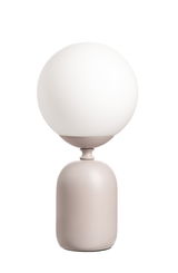 Moderne tafellamp met matte witte glazen bol en beige metalen voet voor stijlvolle verlichting