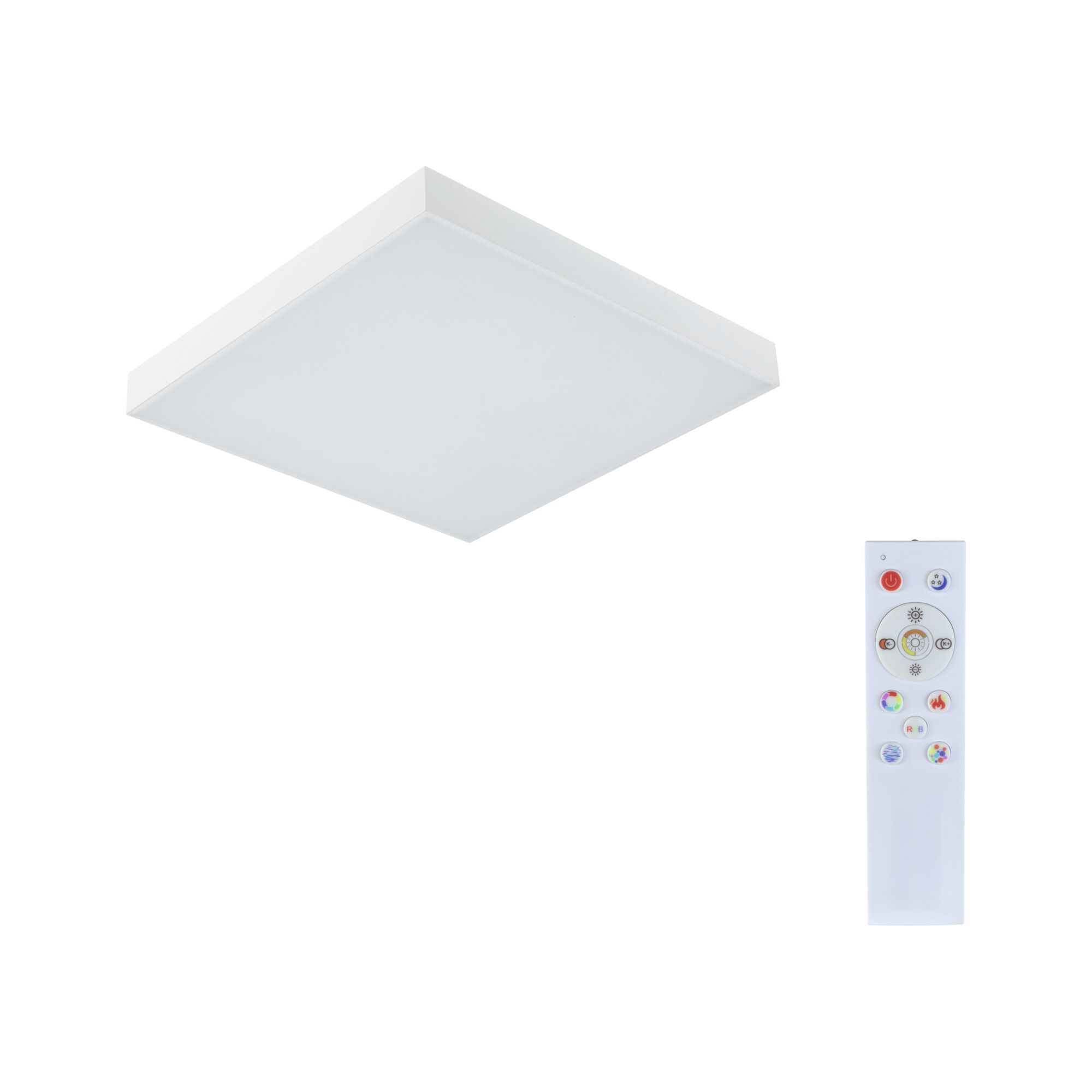 White square LED ceiling panel with remote control for dimmable light and colour change