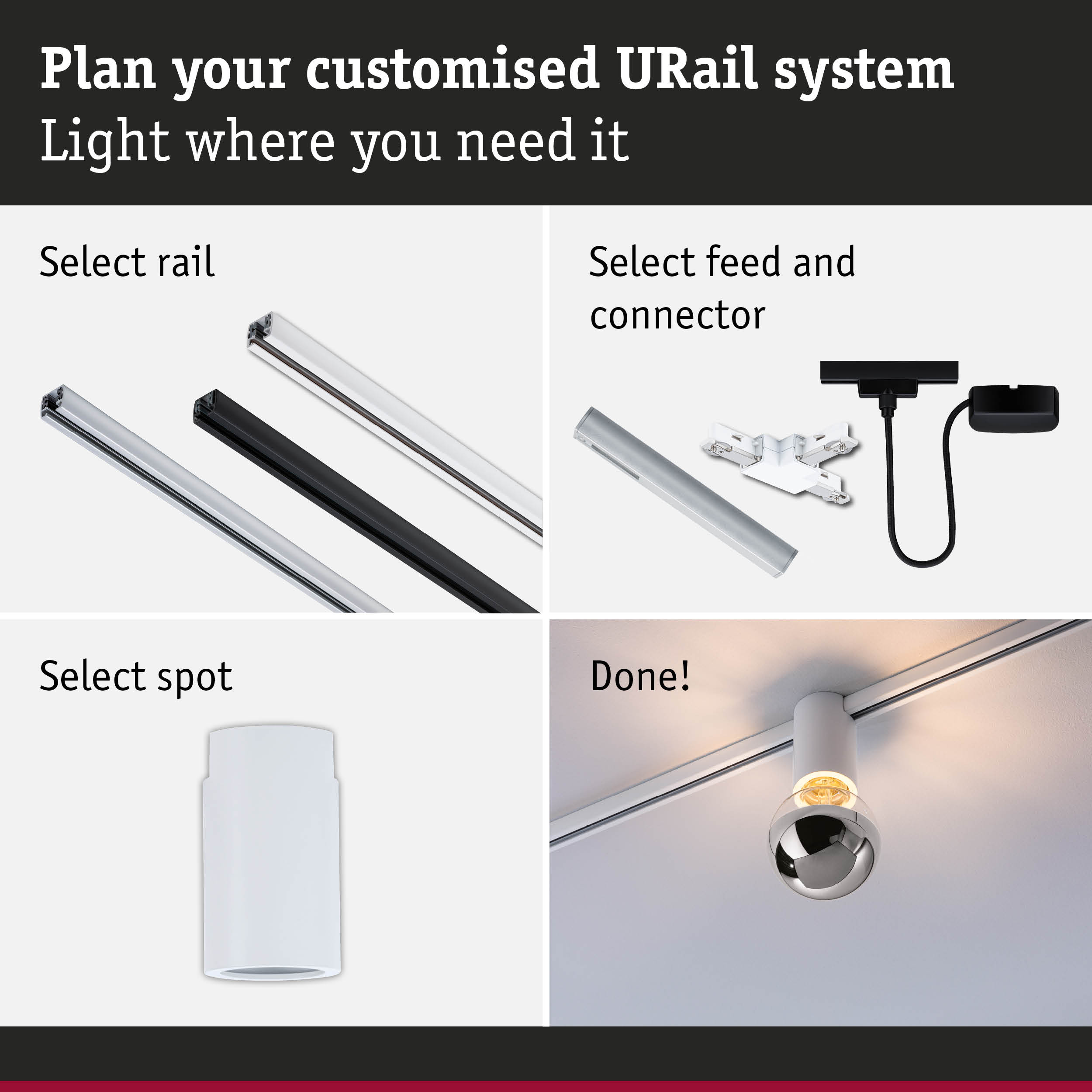 Modular URail rail system with black and white aluminium rails for flexible LED lighting setup.
