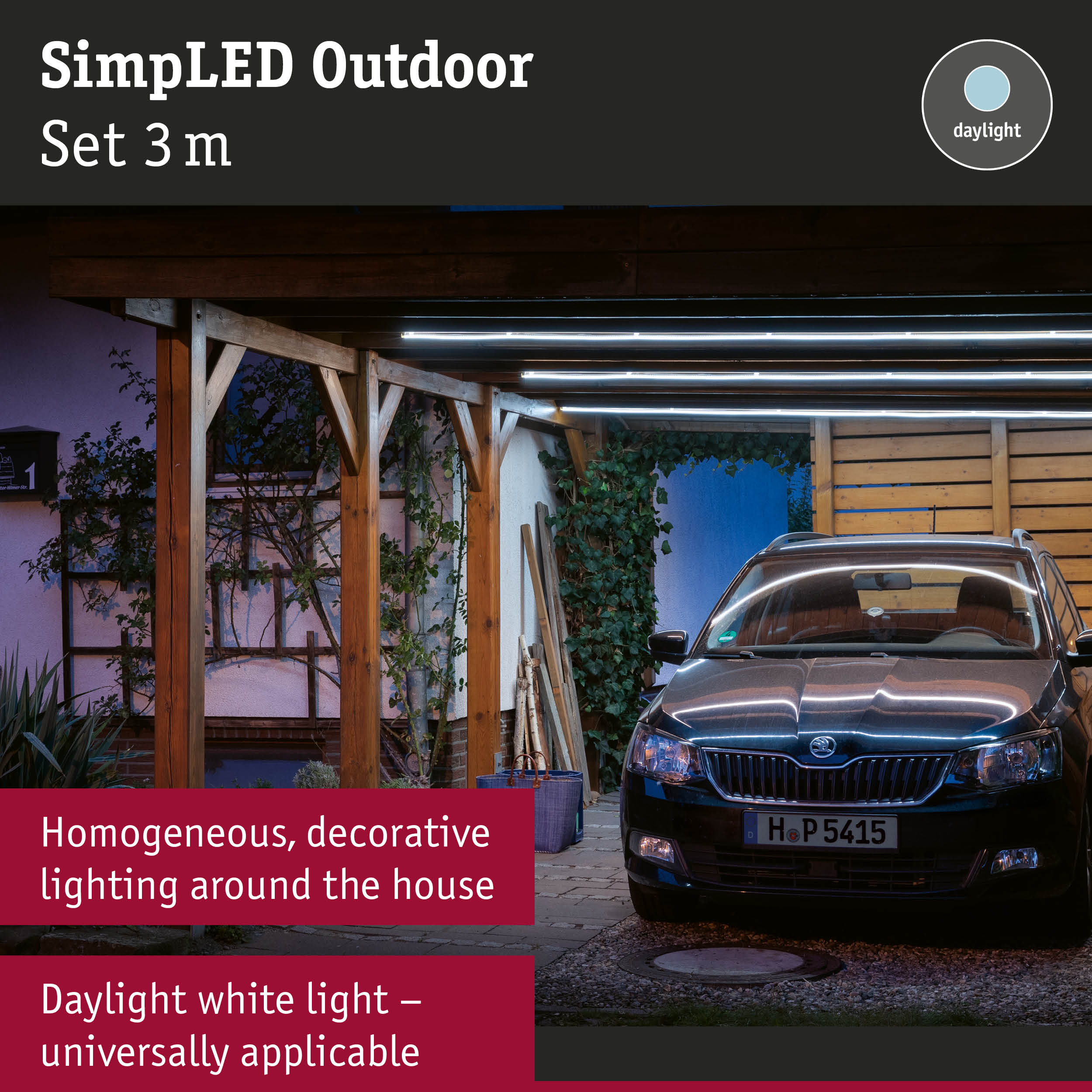 SimplLED Outdoor 3 m set with daylight white LED strips under wooden carport for decorative outdoor lighting