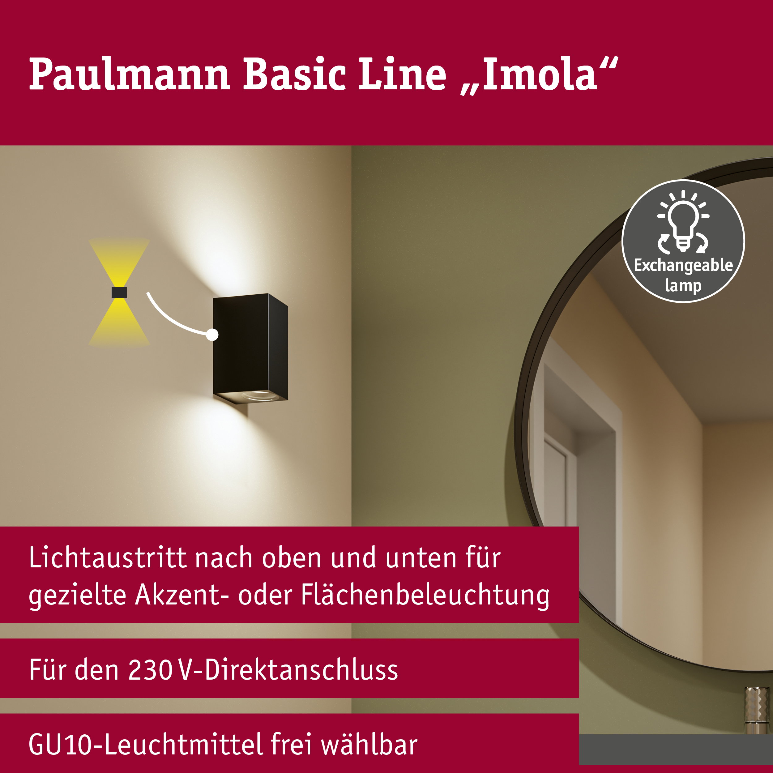Wandleuchte Imola IP44 GU10 230V max. 2x10W Schwarz matt