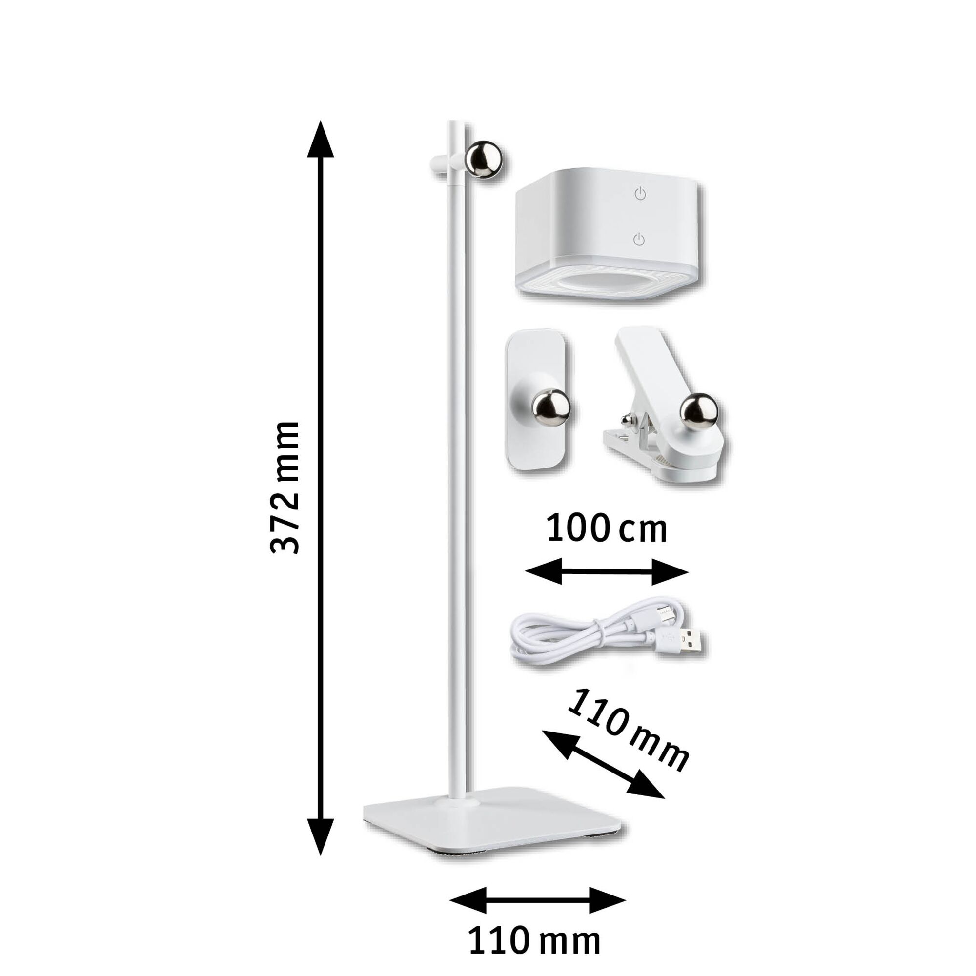 Support lumineux LED blanc de 372 mm de haut avec accessoires pour solutions d'éclairage intelligentes.