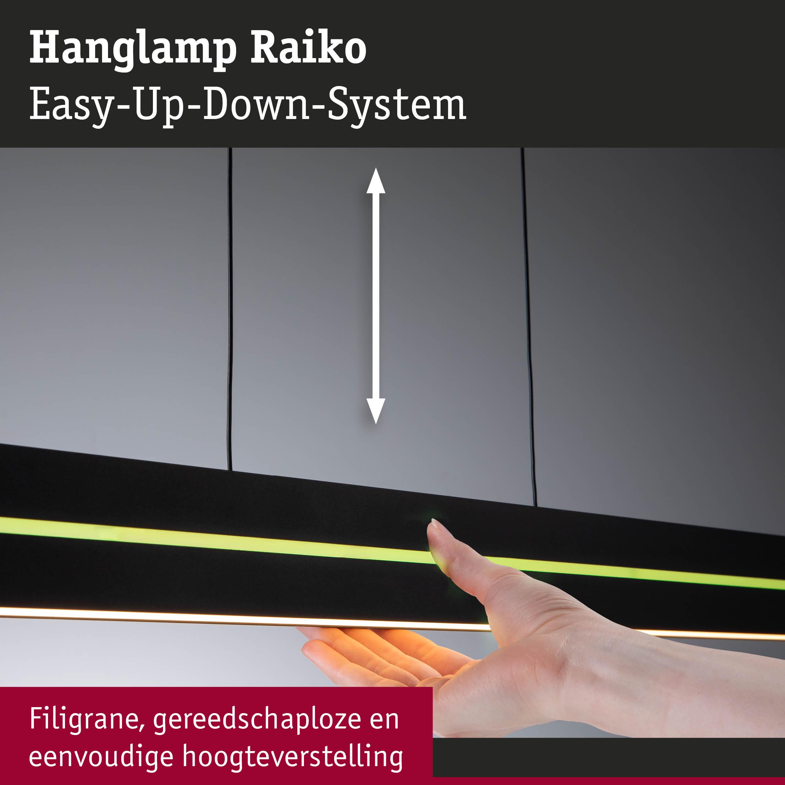 Zwarte Raiko hanglamp met Easy-Up-Down-systeem en LED-strip, gereedschapsloze hoogteverstelling