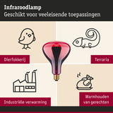 Infraroodlamp met rood glas voor dierfokkerij, terraria, industriële verwarming en warmhouden van gerechten
