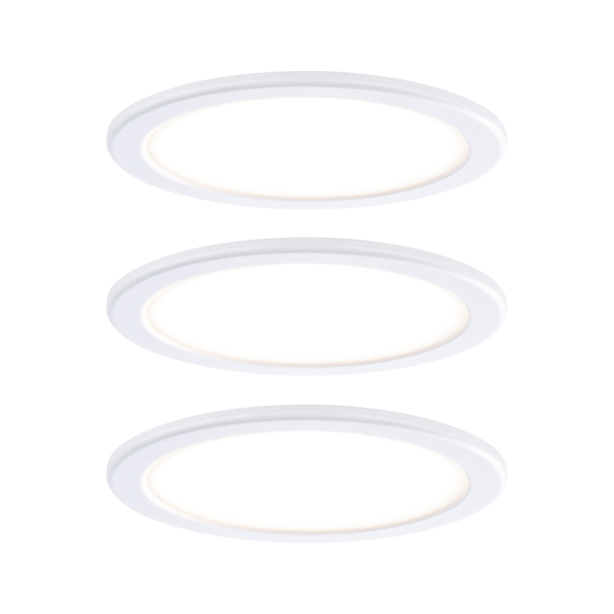 Three white round LED recessed lights with warm white light for modern room lighting