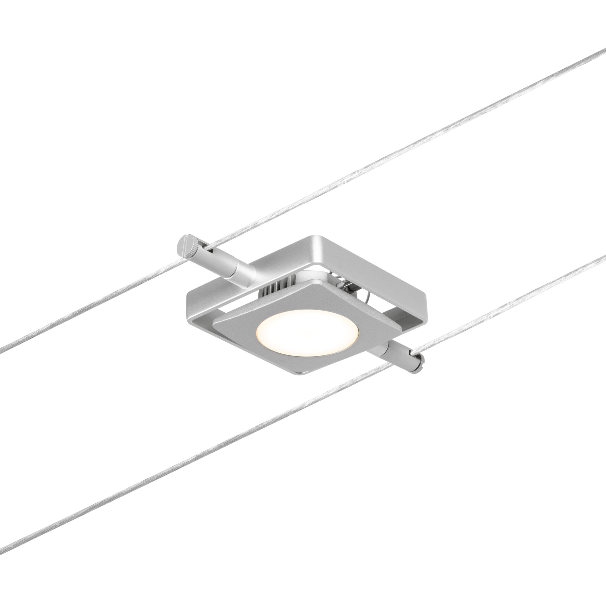 Moderner quadratischer LED-Seilstrahler aus silbernem Metall mit warmweißem Licht