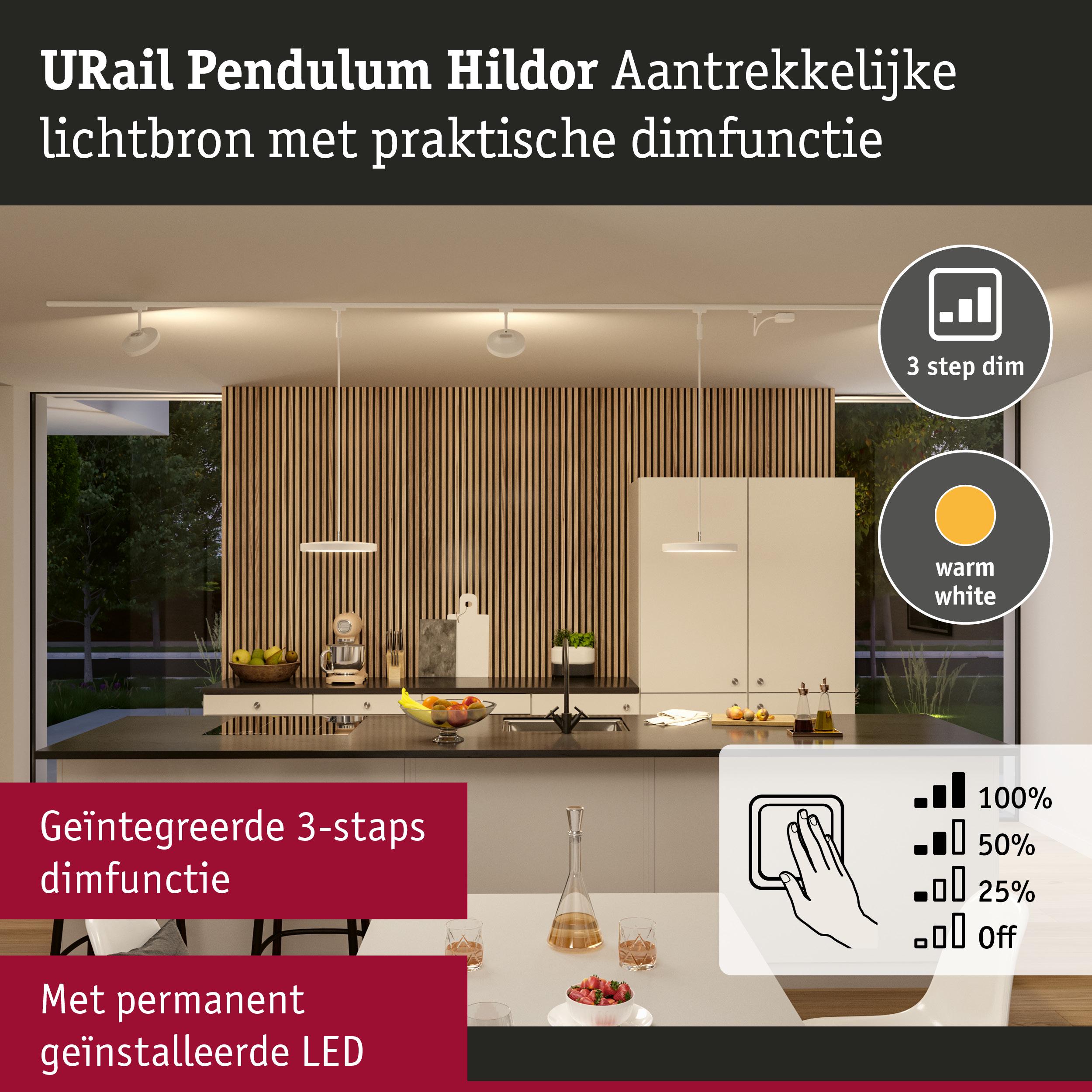 URail Hildor witte hanglamp met warmwit LED-licht en geïntegreerde 3-staps dimfunctie voor keukenverlichting