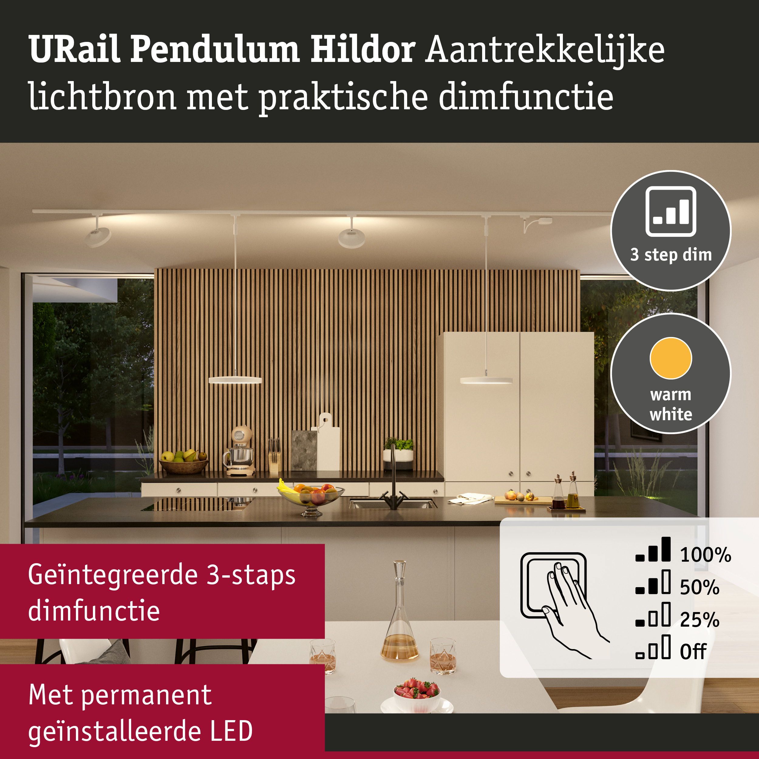 URail Pendulum Hildor witte LED-rail met geïntegreerde 3-staps dimfunctie en warm wit licht