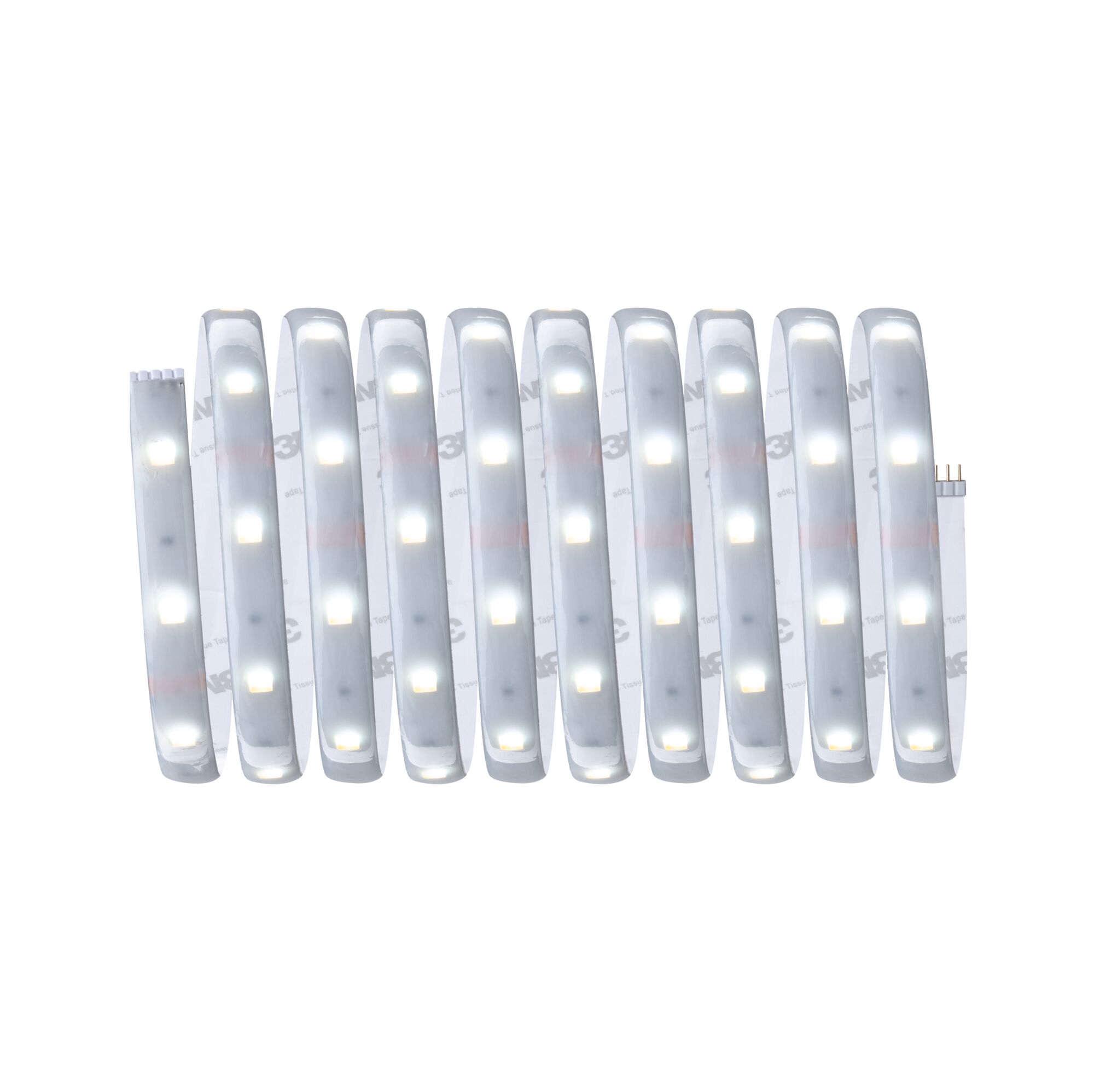 Flexibler LED-Lichtstreifen mit weißen LEDs und selbstklebender Rückseite für vielseitige Beleuchtung.